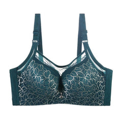 Premium double breasted support bra with thin molded cups and elegant floral design in green