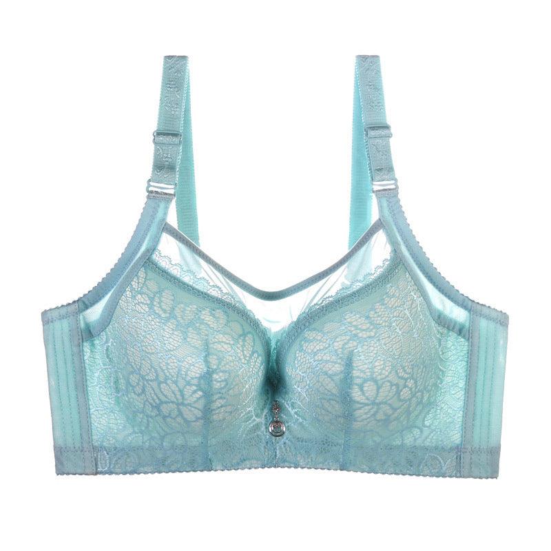 Premium double breasted support bra with thin molded cups for comfort and elegance in light blue, lace detailing, and adjustable straps