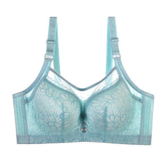 Premium double breasted support bra with thin molded cups for comfort and elegance in light blue, lace detailing, and adjustable straps