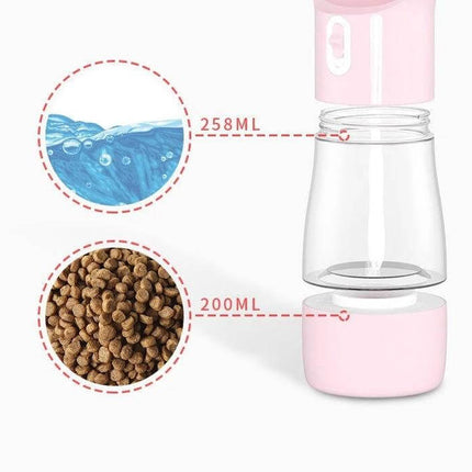 Portable Dog Water Bottle With Food Compartment For Travel with 258ml water top and 200g food bottom in pink