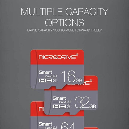 16GB Micro SD Card Class 10 For Cameras And Smartphones shown as compact red-and-gray MicroDrive card for Full HD recording and phone storage
