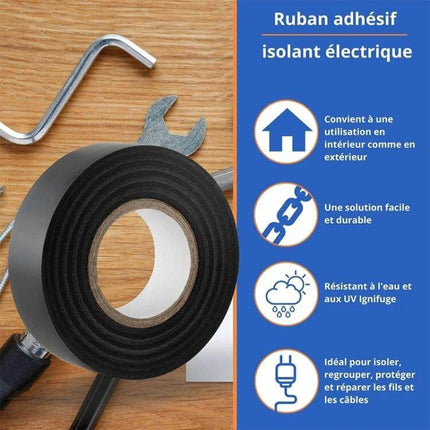 16mm PVC Electrical Insulating Tape For Wires And Appliances black roll on wood surface with tools and features icons