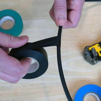 16mm PVC Electrical Insulating Tape For Wires And Appliances - black PVC tape being pulled and wrapped around wire for insulation
