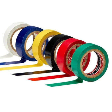 16mm PVC Electrical Insulating Tape For Wires And Appliances - rolls of colored PVC tape (white, blue, yellow, black, red, green) 16mm x 10m