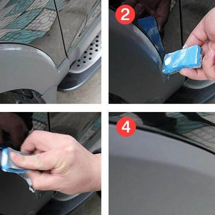 Car Scratch Remover Paste for Minor Auto Paint Repairs applied step-by-step on a car door to remove light scratches