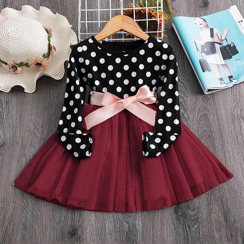 Charming Polka Dot Dress for Little Princesses Wine Red