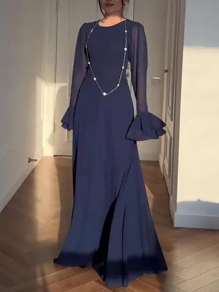 Navy Blue Trumpet Sleeve Tie Maxi Dress For Everyday Wear | Syndmart