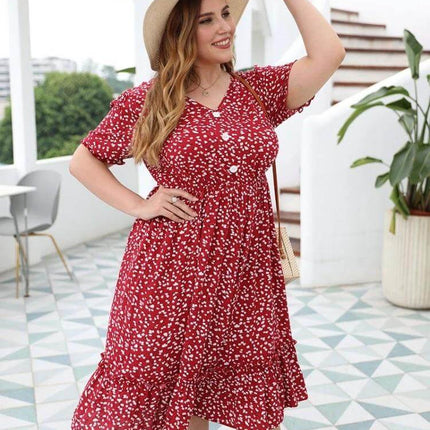 Women's Plus Size Floral Cotton Sun Dress in Rouge Color, plus-size woman wearing rouge floral cotton sundress with hat