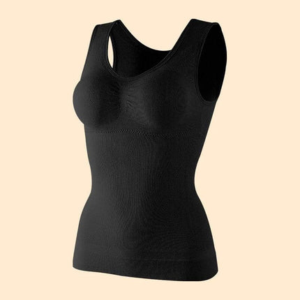 Women's Belly Sculpting Double Layer Tank Top with Built-in Bra in black seamless spandex with built-in bra for workout, casual and everyday wear