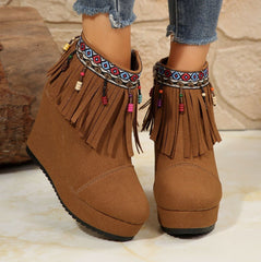 Fringe Suede Wedge Boots