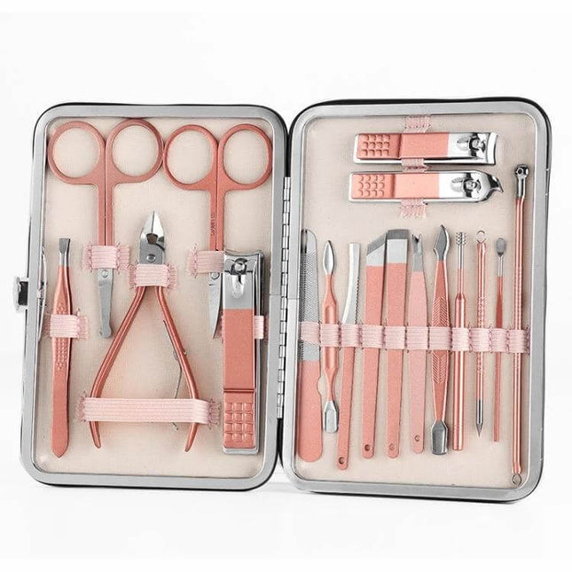 18 In 1 Stainless Steel Nail Clippers Set For Manicure - compact rose gold 18-piece manicure kit with scissors, clippers, files and tweezers in metal case
