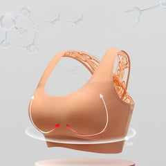 Seamless No-Rims Latex Women's Comfort Bra with 360-degree support in skin tone, displayed against a scientific background