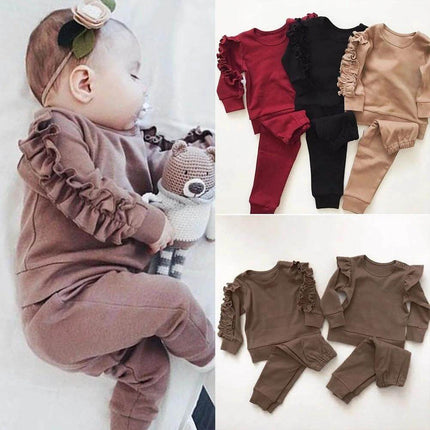 Infant Boys and Girls Long Sleeve 2-Piece Fall Outfit Set in neutral brown with ruffle-sleeve sweatshirt and coordinating pants for cozy everyday wear