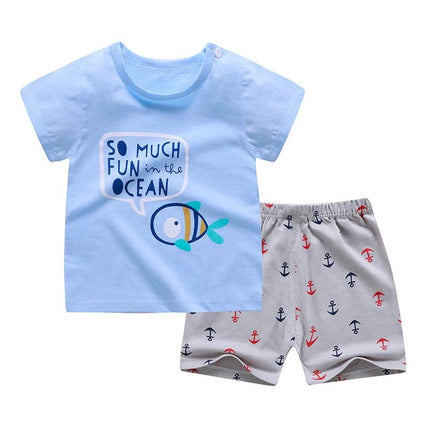 Soft Cotton Short Sleeve T-Shirt and Shorts for Toddlers blue ocean print tee and anchor shorts set for 1-3 years, 100% cotton comfortable playwear