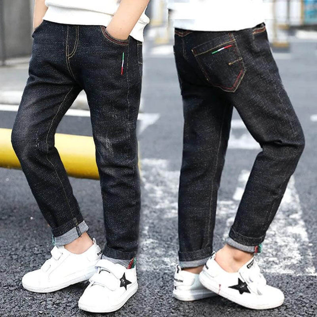 Boys' Blue Denim Jeans for Casual Everyday Wear, Ages 8 and Up - dark cotton blend jeans for active boys, school and playdates