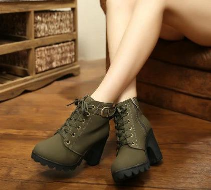 Women's Martin Boots Thick High Heel Casual Round Toe Ankle green artificial PU ankle boots with thick non-slip rubber sole and lace-up front