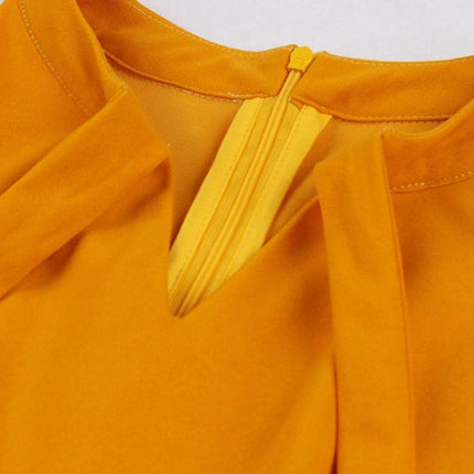 Women's Floral Dress for Casual Everyday Outings close-up of mustard yellow dress back zipper and neckline detail