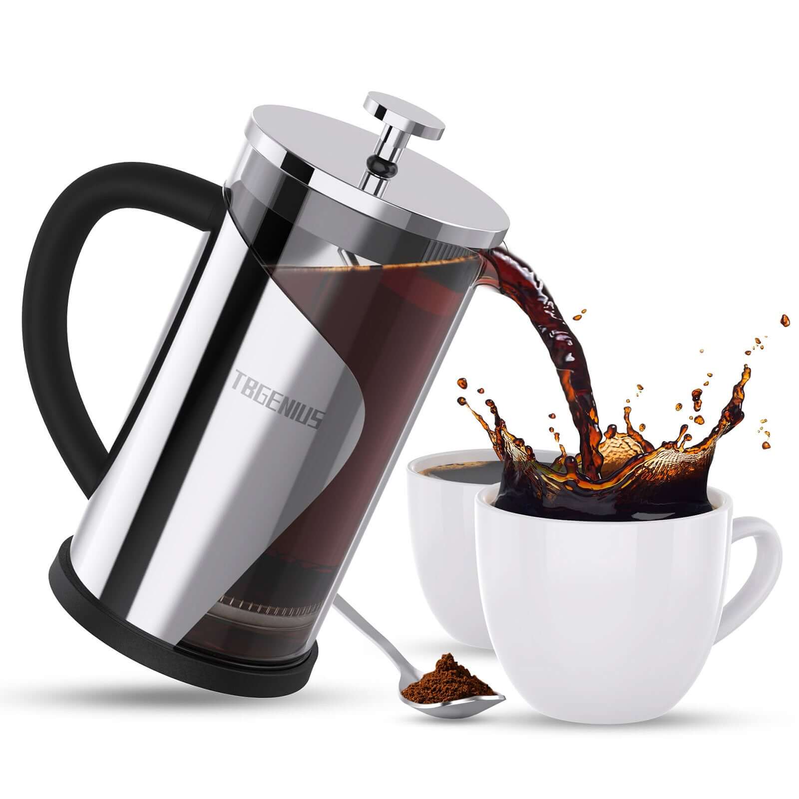 TBGENIUS 600ml French Press Coffee Maker pouring coffee into white mugs with spoon and ground coffee on the side