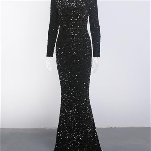 Elegant Modest Sequin Evening Gown for Women Black