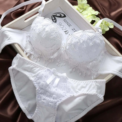 Elegant Lace Gathered Bra Set for Young Women with Style Options - white lace cotton blend lingerie set on tray