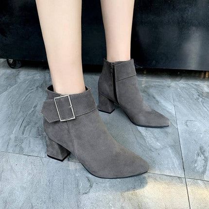 Women's Suede Pointed Martin Boots With Thick Heel in gray suede, side zipper and block heel for office and city wear