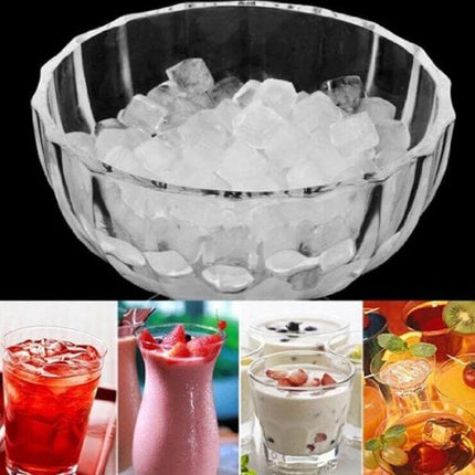 1cm Cube Durable Silicone Ice Tray for Everyday Use with small clear ice cubes in glass bowl and examples of cocktails, iced coffee, desserts
