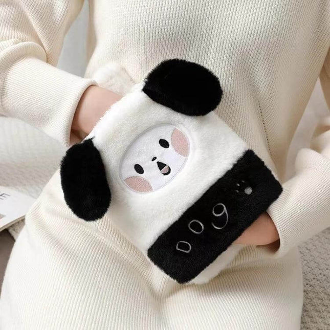 Alt Tag: 1L Plush Hand Warmer Hot Water Bag for Cozy Comfort - Plush panda design with sherpa exterior and leak-proof inner tank
