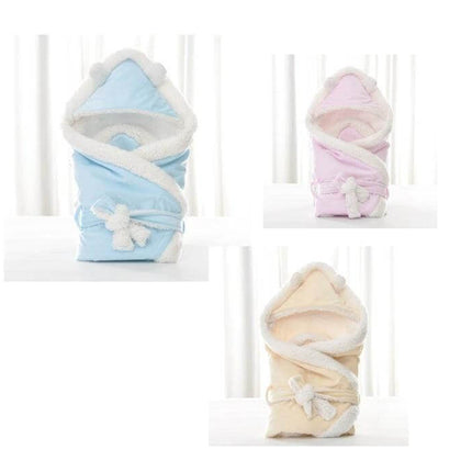 Soft Velvet Swaddle Blanket for Newborns in Winter Sizes — blue pink and beige velvet baby swaddle with hooded cozy lining 88x88cm