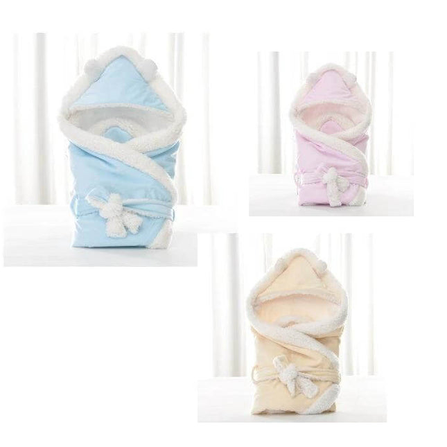Soft Velvet Swaddle Blanket for Newborns in Winter Sizes — blue pink and beige velvet baby swaddle with hooded cozy lining 88x88cm