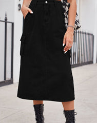 Slit Buttoned Denim Skirt with Pockets