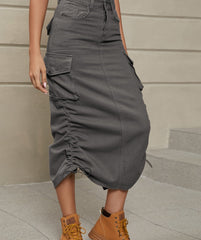 Drawstring Ruched Slit Denim Midi Skirt