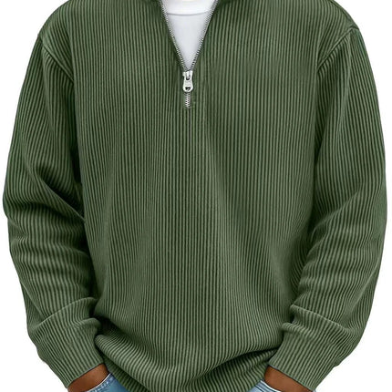 Men's Corduroy Zipper Stand Collar Long Sleeve Sweatshirt in olive green, half-zip corduroy pullover for casual layering