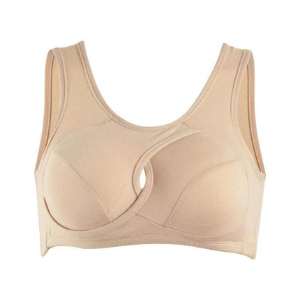 Women's Comfortable Breathable Cotton Gathered Wireless Vest in beige, gathered cups, fixed double-shoulder straps, breathable seamless wireless support