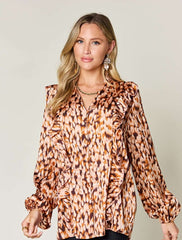 Printed Ruffle Trim Balloon Sleeve Blouse in Full Size