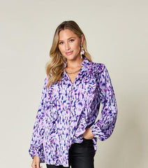 Printed Ruffle Trim Balloon Sleeve Blouse in Full Size