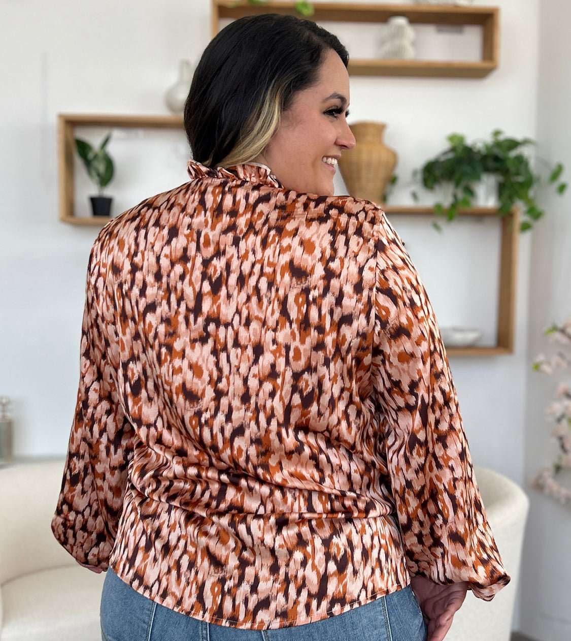 Printed Ruffle Trim Balloon Sleeve Blouse in Full Size