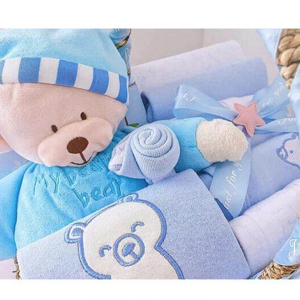 Infant Unisex Clothes Set for Autumn and Winter Gift Box soft blue cotton baby outfit and plush bear in gift box