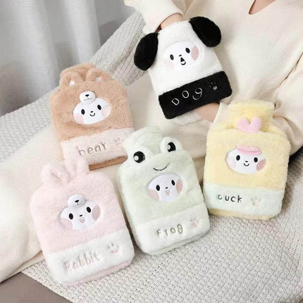 1L Plush Hand Warmer Hot Water Bag for Cozy Comfort — five pastel animal plush hot water bags on a couch