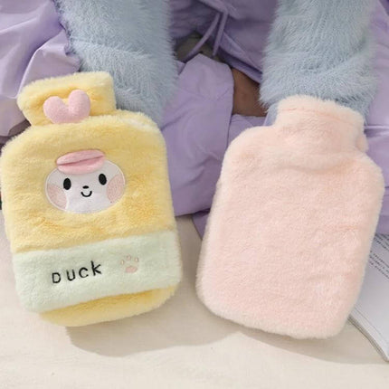 1L Plush Hand Warmer Hot Water Bag for Cozy Comfort - yellow duck plush hand warmer and pink plush heat bag, soft sherpa cover, portable 1L size