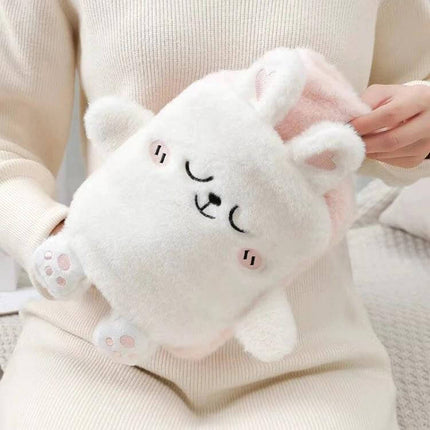 1L Plush Hand Warmer Hot Water Bag for Cozy Comfort - white plush bunny heat bag, portable sherpa cover, leak-proof inner tank, 35x25cm