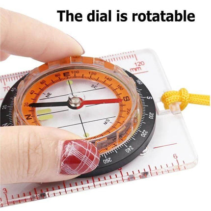 2-In-1 Compass With Map Ruler For Hiking And Outdoors showing rotatable dial on transparent map ruler with lanyard