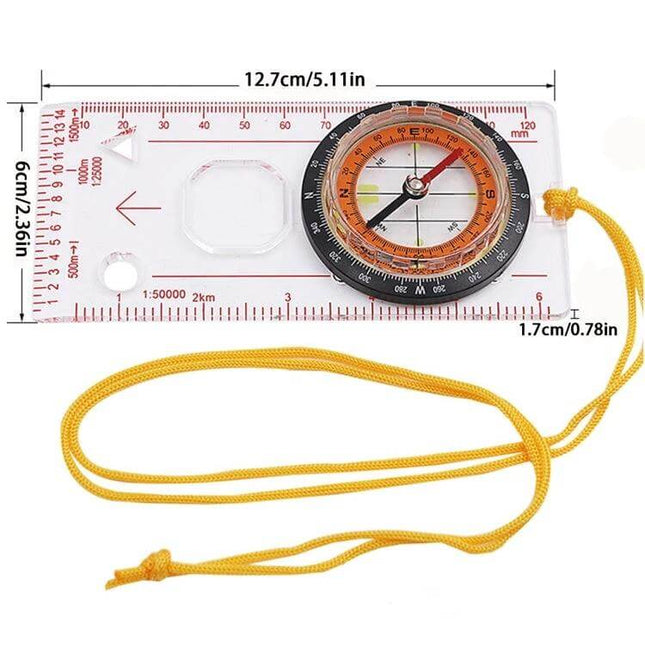 2-In-1 Compass With Map Ruler For Hiking And Outdoors compact transparent baseplate compass with ruler and yellow lanyard for trekking and orienteering