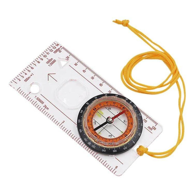 2-In-1 Compass With Map Ruler For Hiking And Outdoors, transparent baseplate compass with orange dial and yellow lanyard