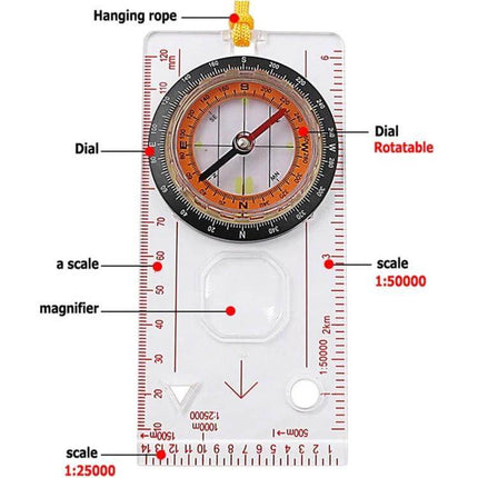2-In-1 Compass With Map Ruler For Hiking And Outdoors — transparent baseplate compass with ruler scales, rotatable dial, magnifier and hanging rope for trekking