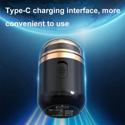 2-In-1 Mini Portable Rechargeable Electric Shaver For Travel showing compact black travel shaver with Type-C charging port and transparent protective cap