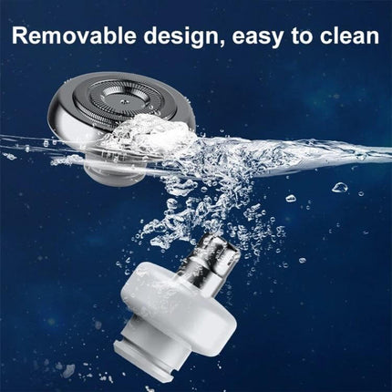 2-In-1 Mini Portable Rechargeable Electric Shaver For Travel showing removable waterproof floating blade head being rinsed for easy cleaning