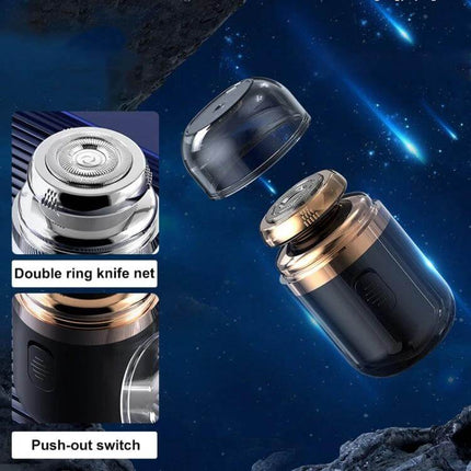 2-In-1 Mini Portable Rechargeable Electric Shaver For Travel showing compact floating blade head, double-ring knife net and push-out switch