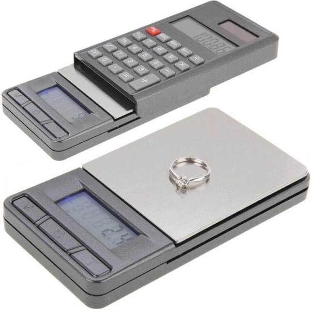 2-In-1 Pocket Jewelry Scale With Calculator And LCD showing ring on stainless steel weighing platform and blue-backlit LCD