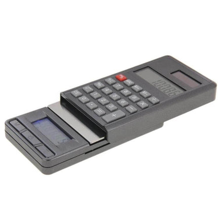 2-In-1 Pocket Jewelry Scale With Calculator And LCD showing compact black scale with sliding calculator and blue-backlit LCD for grams carats oz