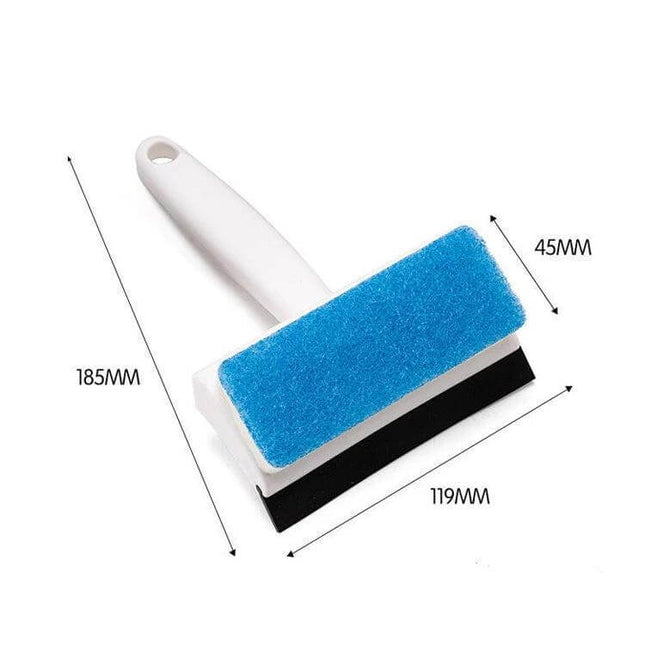 2-In-1 Window Glass Cleaning Brush With Dust Collecting shown with blue non-woven pad, sponge compartment and rubber scraper for windows and mirrors